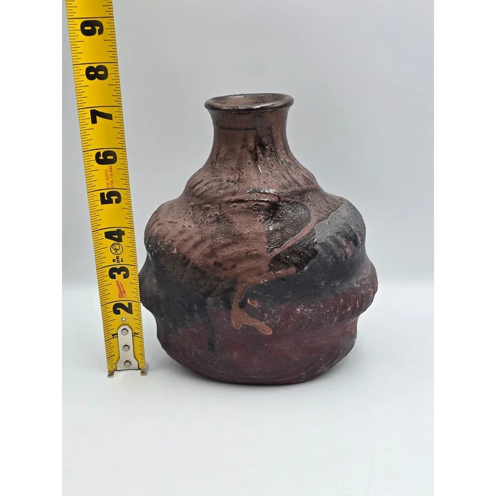 M Casper Studio Pottery Vase Art 7.5in Brown Black‎ Excellent Brutalist 1987